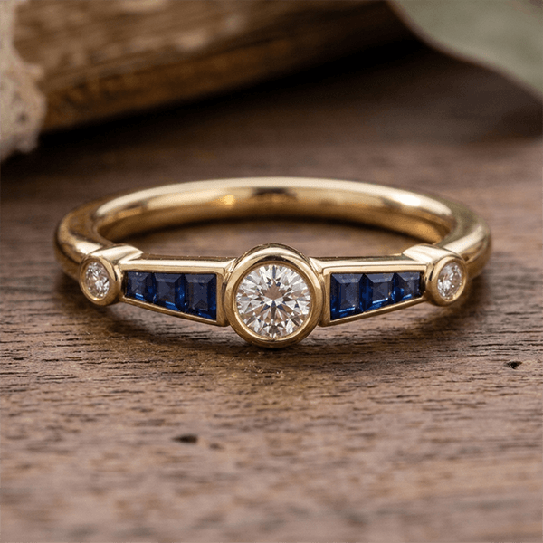 Minimalist Three-Stone Round Cut Blue Sapphire Stackable Ring In Yellow Gold