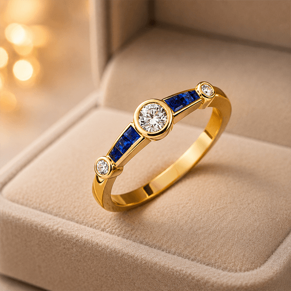 Minimalist Three-Stone Round Cut Blue Sapphire Stackable Ring In Yellow Gold