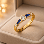 Minimalist Three-Stone Round Cut Blue Sapphire Stackable Ring In Yellow Gold