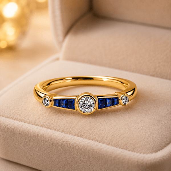 Minimalist Three-Stone Round Cut Blue Sapphire Stackable Ring In Yellow Gold