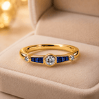 Minimalist Three-Stone Round Cut Blue Sapphire Stackable Ring In Yellow Gold