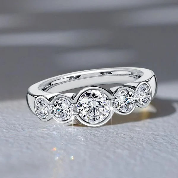 Classic Bezel Set Five Stone Round Cut White Sapphire Engagement Ring For Women Belovegrace