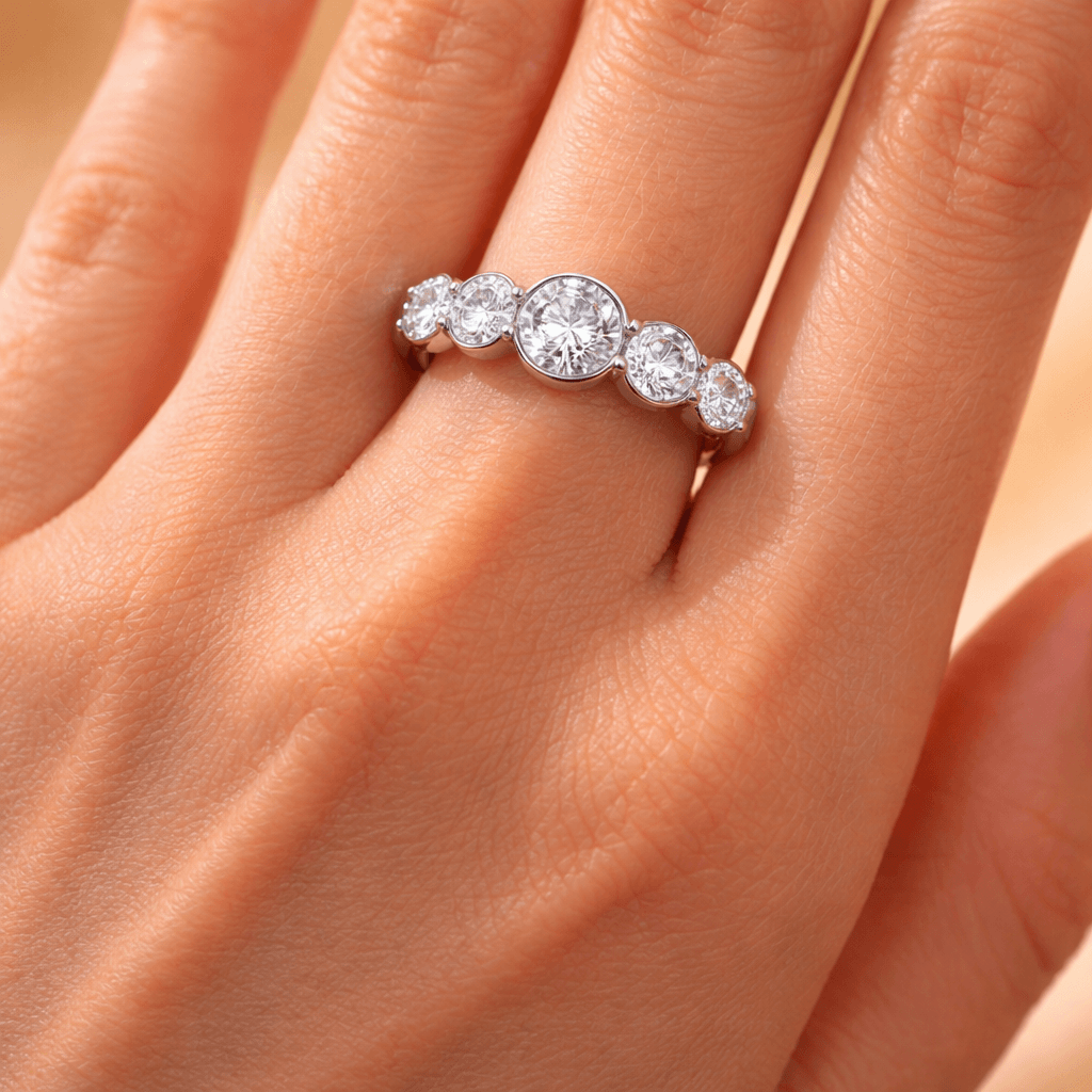 Minimalist Bezel Set Five Stone Round Cut Moissanite Wedding Bang Ring