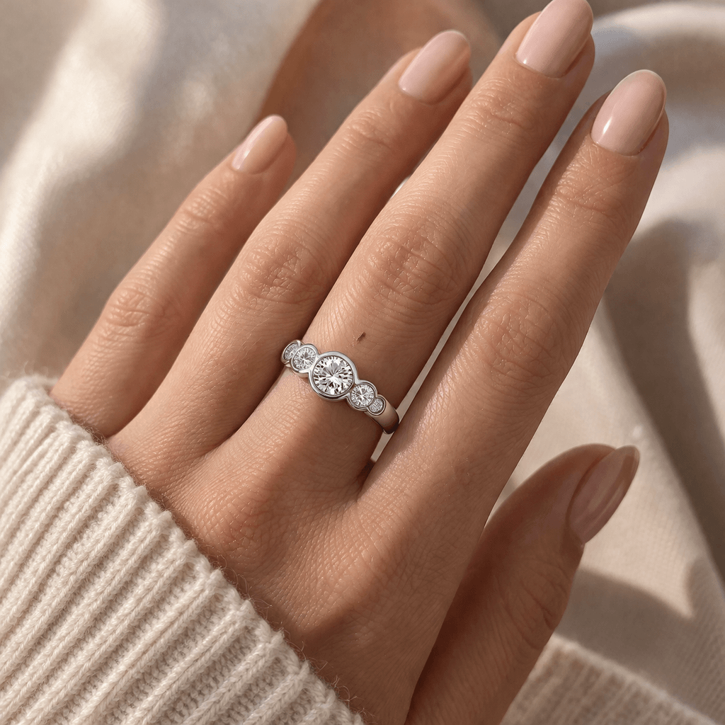 Minimalist Bezel Set Five Stone Round Cut Moissanite Wedding Bang Ring