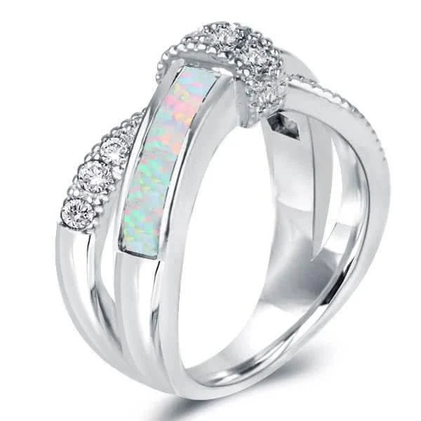 Knot Design Round Cut Opal & White Sapphire Wedding Band For Women Belovegrace