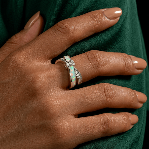 Luxury Jewelry Round Cut Opal & White Sapphire Wedding Band For Women