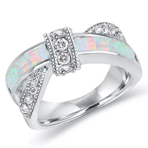 Knot Design Round Cut Opal & White Sapphire Wedding Band For Women Belovegrace