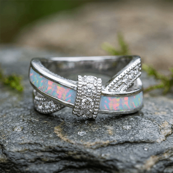 Knot Design Round Cut Opal Wedding Band Ring