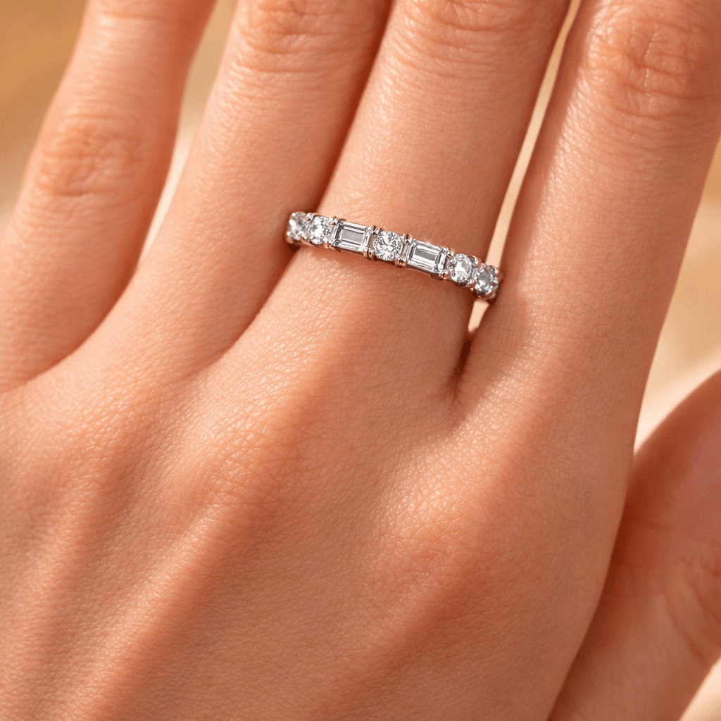 Classic Baguette Cut White Sapphire Eternity Wedding Band For Women