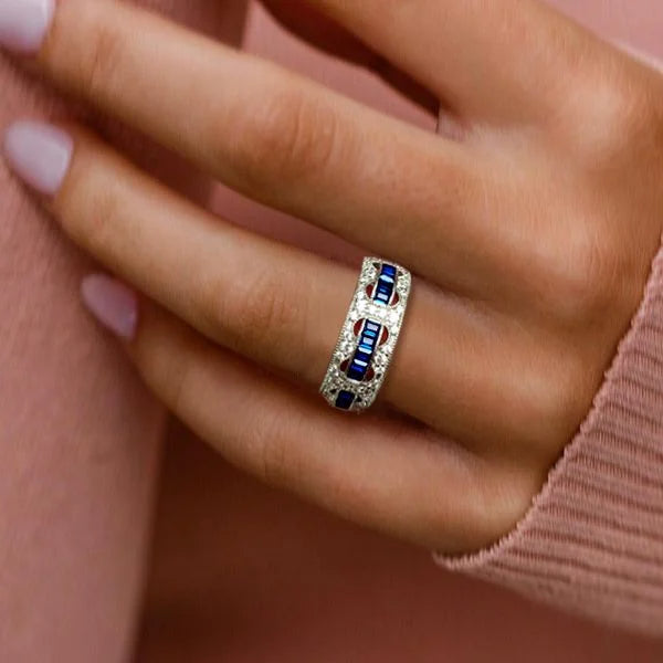 Vintage Rope Through The Hole Baguette & Round Cut White & Blue Sapphire Wedding Band For Women Belovegrace