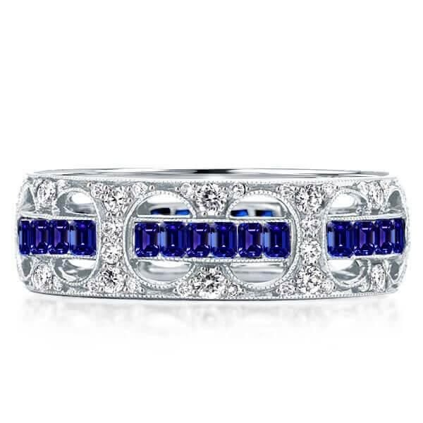 Vintage Rope Through The Hole Baguette & Round Cut White & Blue Sapphire Wedding Band For Women Belovegrace