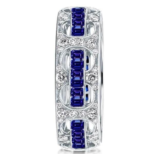 Vintage Rope Through The Hole Baguette & Round Cut White & Blue Sapphire Wedding Band For Women Belovegrace