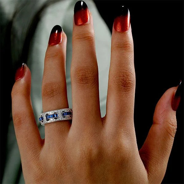 Vintage Rope Through The Hole Baguette & Round Cut White & Blue Sapphire Wedding Band For Women Belovegrace