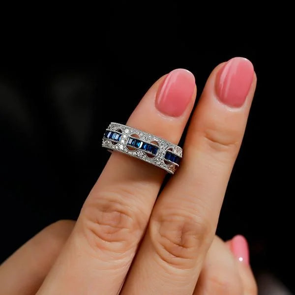Vintage Rope Through The Hole Baguette & Round Cut White & Blue Sapphire Wedding Band For Women Belovegrace