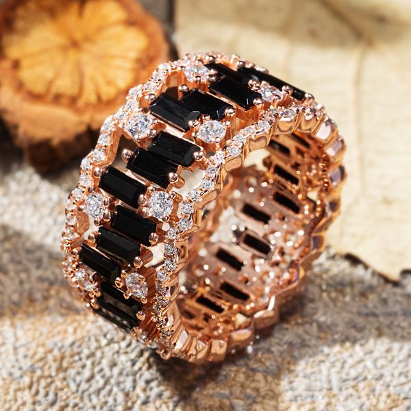 Unique Design Rose Gold Baguette Cut Black Sapphire Eternity Wedding Band For Women Belovegrace