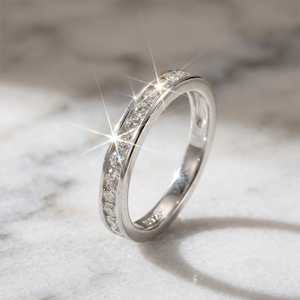 Minimalist Channel Set Round Cut White Sapphire Wedding Band Ring