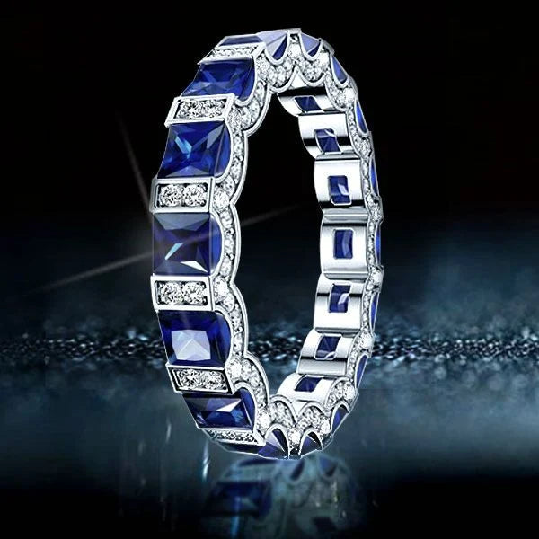 Classic Princess & Round Cut Blue & White Sapphire Eternity Wedding Band For Women Belovegrace