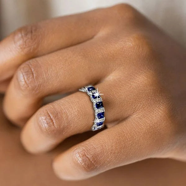 Classic Princess & Round Cut Blue & White Sapphire Eternity Wedding Band For Women Belovegrace