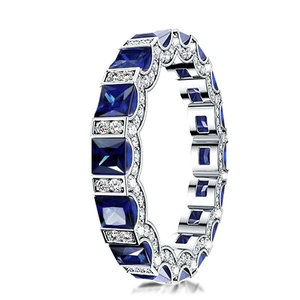 Classic Princess & Round Cut Blue & White Sapphire Eternity Wedding Band For Women Belovegrace