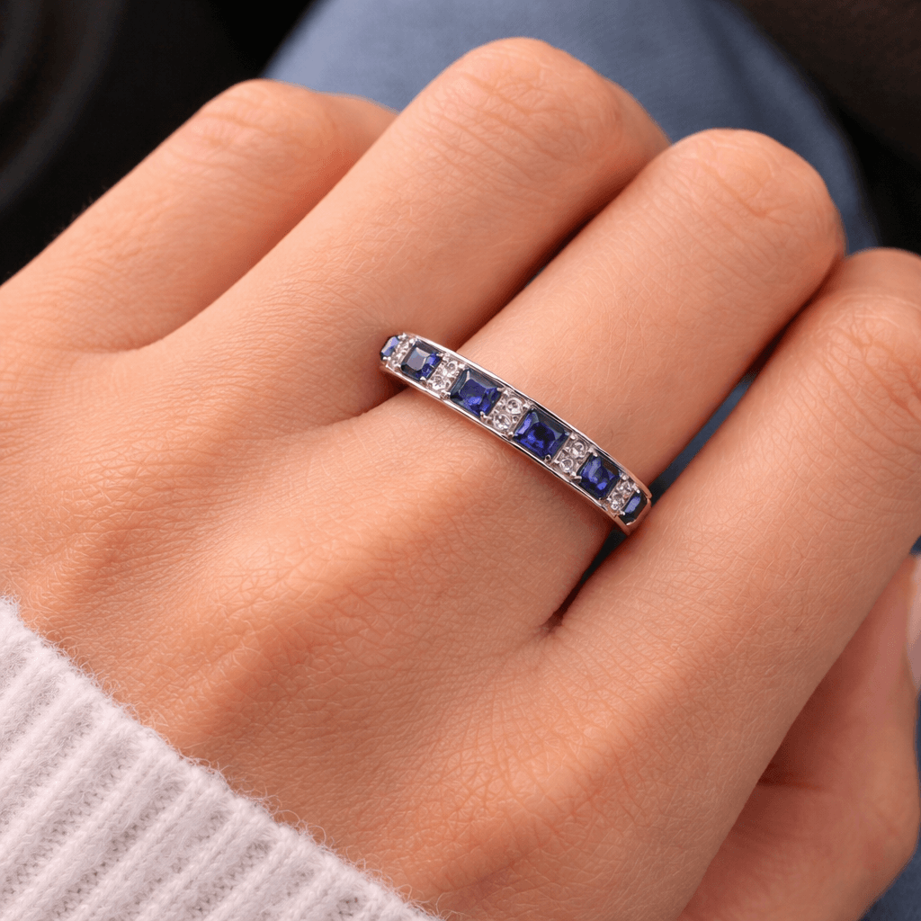 Vintage Princess Cut Blue Moissanite Eternity Wedding Band For Women