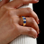 Vintage Golden Emerald Cut Blue Sapphire Half Eternity Wedding Band For Women Belovegrace