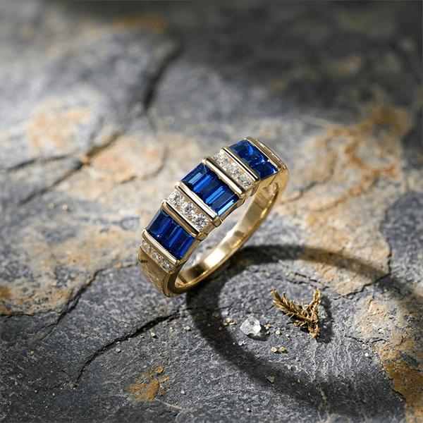 Luxury Geometric Emerald Cut Blue Sapphire Wedding Band Ring In Yellow Gold