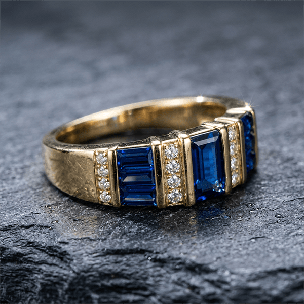 Luxury Geometric Emerald Cut Blue Sapphire Wedding Band Ring In Yellow Gold