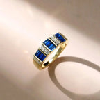 Vintage Golden Emerald Cut Blue Sapphire Half Eternity Wedding Band For Women Belovegrace