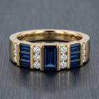 Luxury Geometric Emerald Cut Blue Sapphire Wedding Band Ring In Yellow Gold