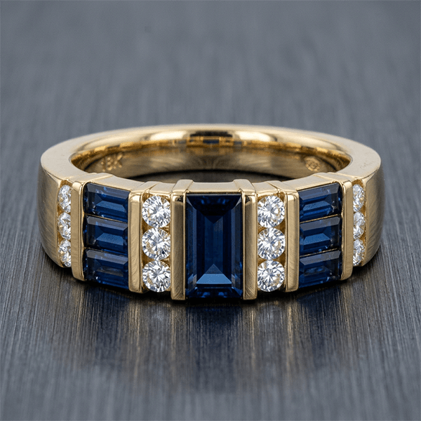 Luxury Geometric Emerald Cut Blue Sapphire Wedding Band Ring In Yellow Gold