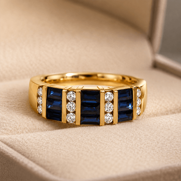 Luxury Geometric Emerald Cut Blue Sapphire Wedding Band Ring In Yellow Gold