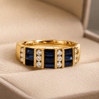 Luxury Geometric Emerald Cut Blue Sapphire Wedding Band Ring In Yellow Gold