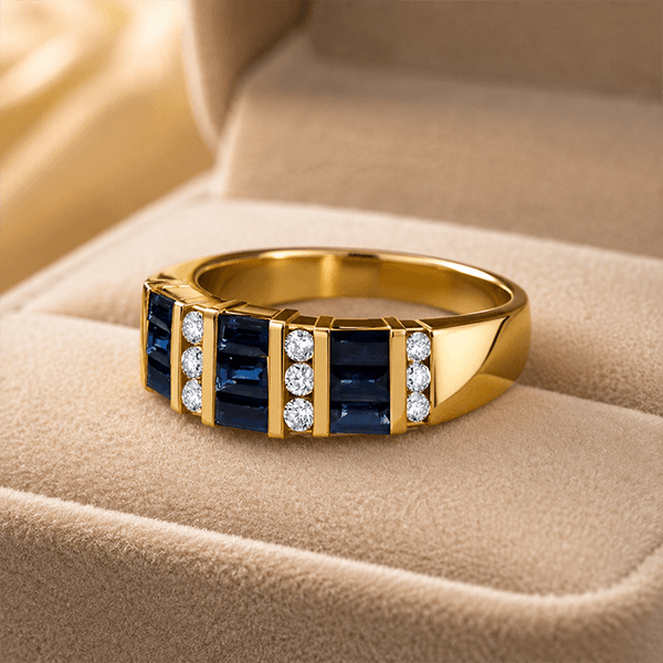 Luxury Geometric Emerald Cut Blue Sapphire Wedding Band Ring In Yellow Gold