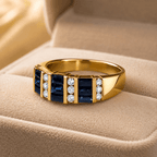 Luxury Geometric Emerald Cut Blue Sapphire Wedding Band Ring In Yellow Gold