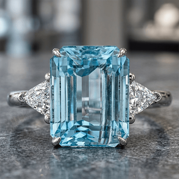 Classic Three Stones Emerald Cut Aquamarine Sapphire Engagement Ring