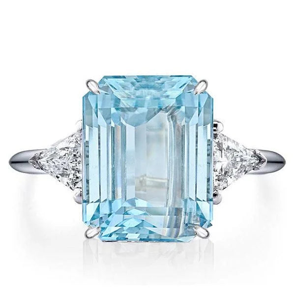 Classic Three Stones Emerald Cut Aquamarine Engagement Ring For Women Belovegrace