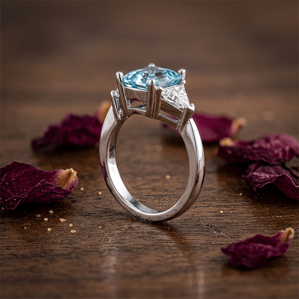 Classic Three Stones Emerald Cut Aquamarine Sapphire Engagement Ring