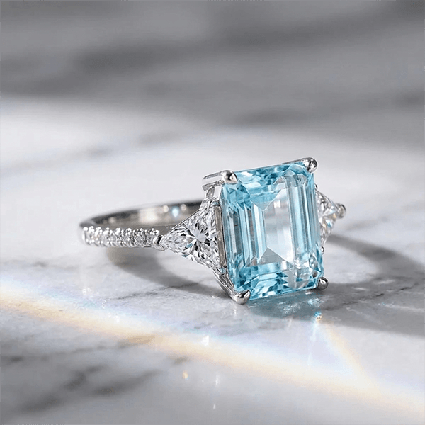 Classic Three Stones Emerald Cut Aquamarine Sapphire Engagement Ring