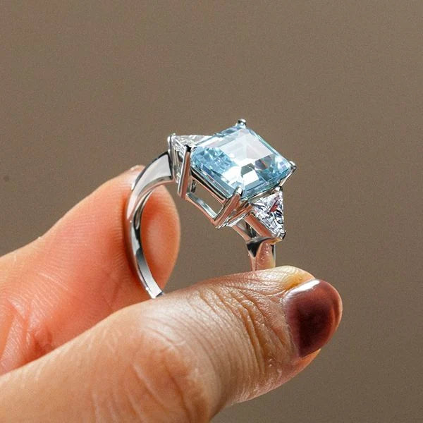 Classic Three Stones Emerald Cut Aquamarine Engagement Ring For Women Belovegrace