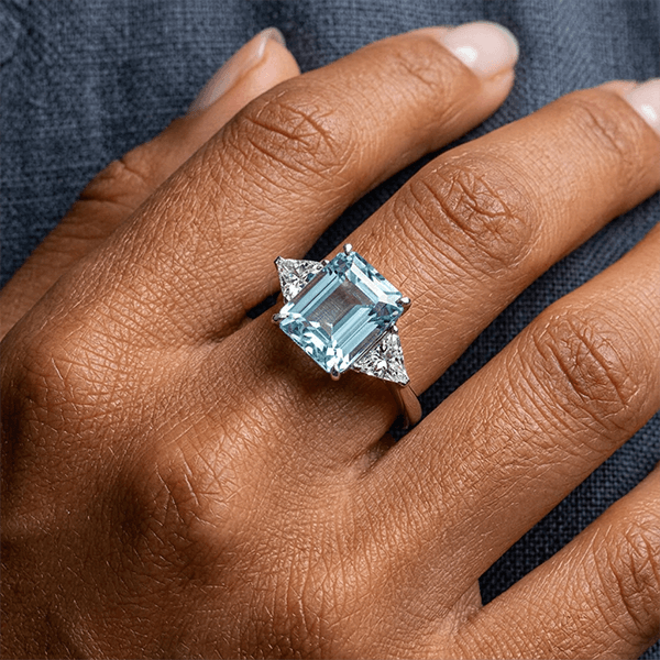 Classic Three Stones Emerald Cut Aquamarine Sapphire Engagement Ring