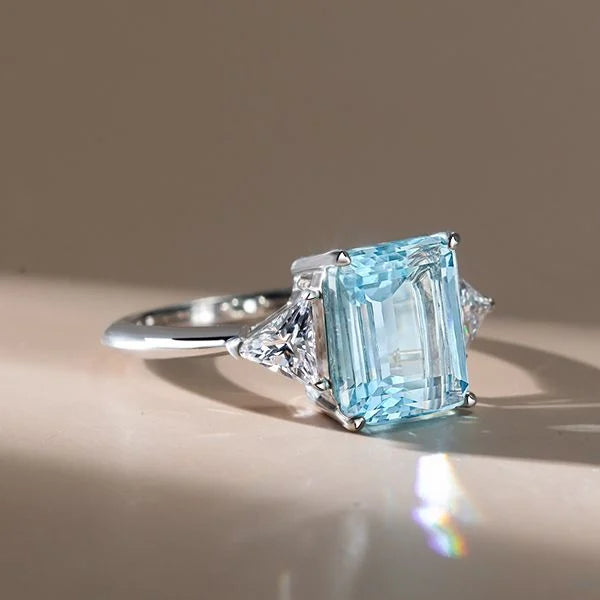 Classic Three Stones Emerald Cut Aquamarine Engagement Ring For Women Belovegrace