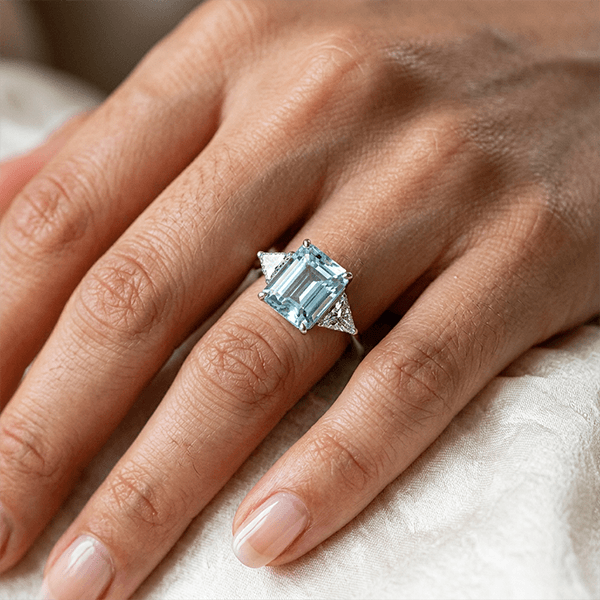 Classic Three Stones Emerald Cut Aquamarine Sapphire Engagement Ring