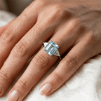 Classic Three Stones Emerald Cut Aquamarine Sapphire Engagement Ring