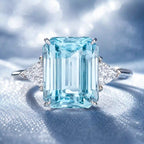 Classic Three Stones Emerald Cut Aquamarine Sapphire Engagement Ring