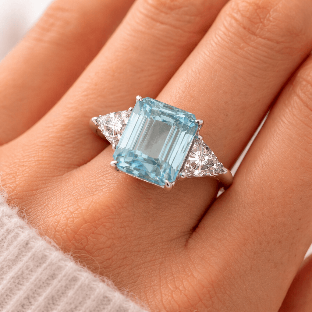 Classic Three Stones Emerald Cut Aquamarine Moissanite Engagement Ring