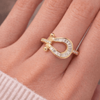 Horseshoe Design Golden Channel Set Baguette & Round Cut Moissanite Engagement Ring