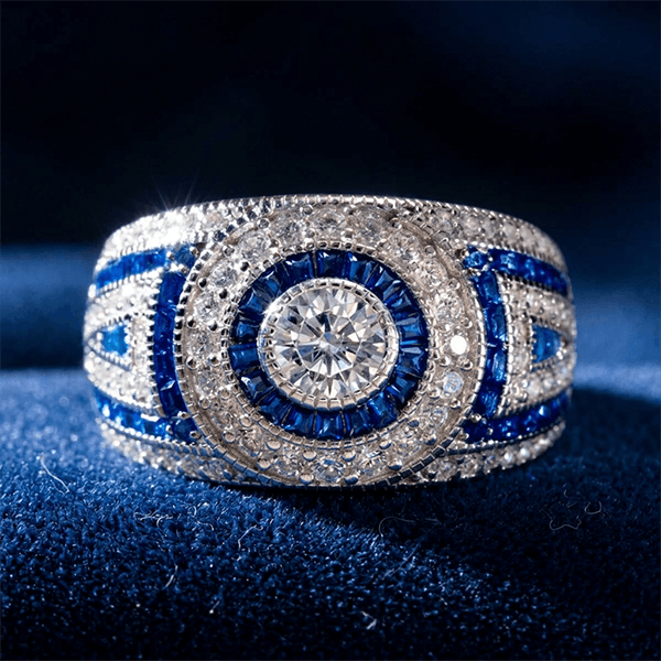 Antique Milgrain Double Halo Round Cut Blue Sapphire Wide Band Ring