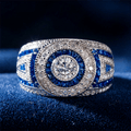 Antique Milgrain Double Halo Round Cut Blue Sapphire Wide Band Ring