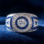 Antique Milgrain Double Halo Round Cut Blue Sapphire Wide Band Ring