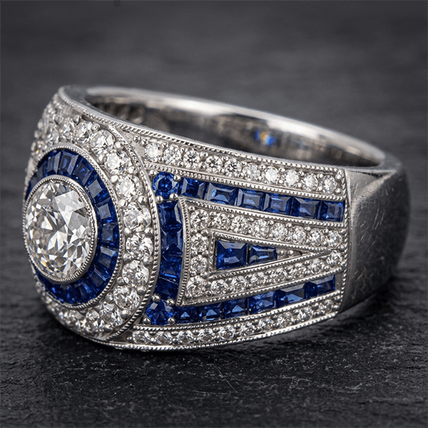 Antique Milgrain Double Halo Round Cut Blue Sapphire Wide Band Ring
